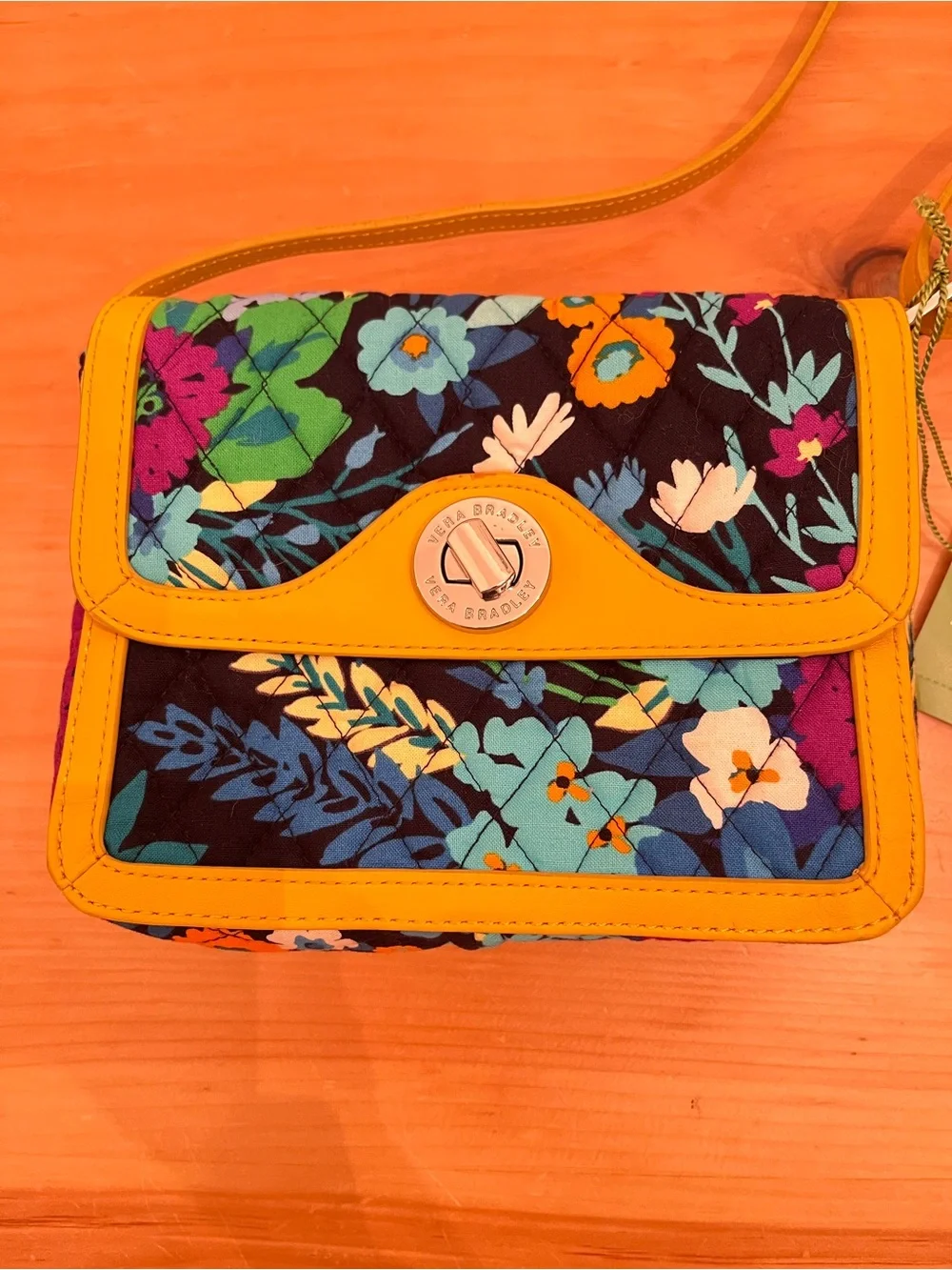 NWT Vera Bradley Midnight Blues Patricia Crossbody Purse Floral Yellow Turn Lock